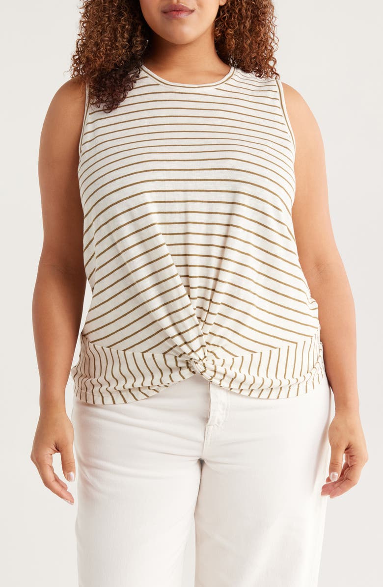 Liverpool Los Angeles Stripe Sleeveless Cotton Twist Front Top, Main, color, Cream Olive Str