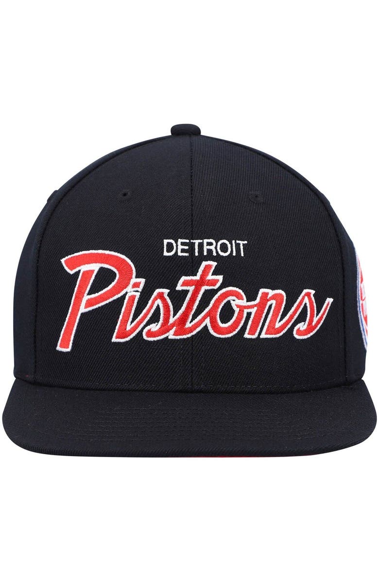 Mitchell & Ness Men's Mitchell & Ness Black Detroit Pistons Hardwood Classics Script 2.0 Snapback Hat, Alternate, color, Black
