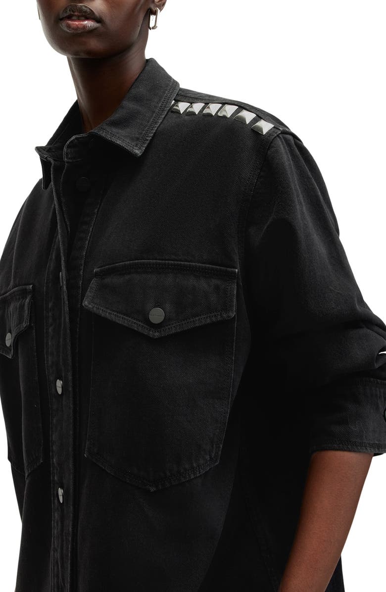 AllSaints Lily Denim Studded Long Sleeve Shirtdress, Alternate, color, Black
