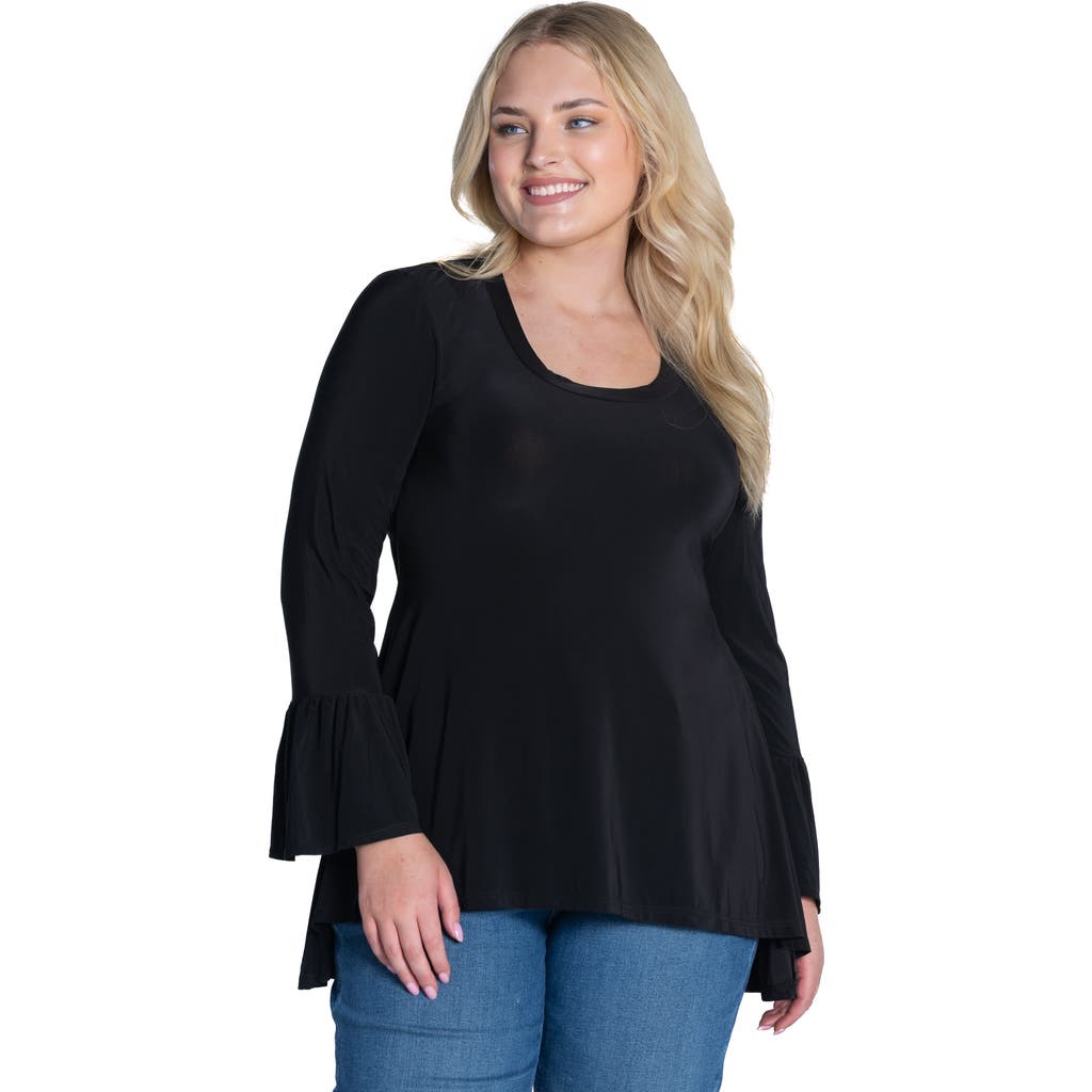 24seven Comfort Apparel Plus Size Long Bell Sleeve High Low Tunic Top In Black