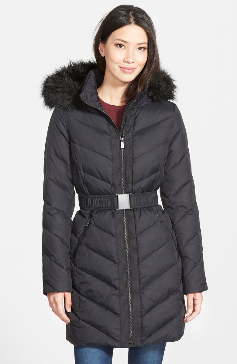 DKNY Down & Feather Fill Coat with Faux Fur Trim, Main, color, 