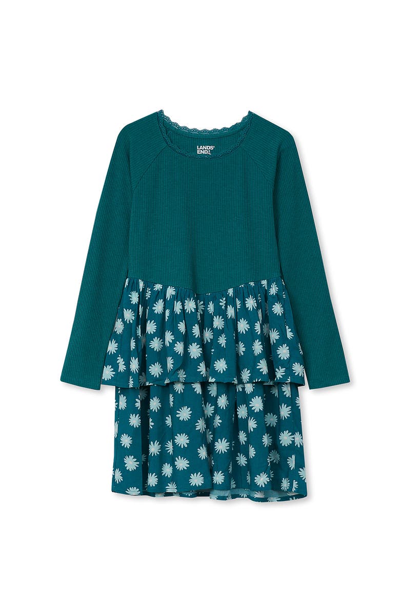 Girls Long Sleeve Ribbed Tiered Dress, Main, color, Floral/Baltic Teal