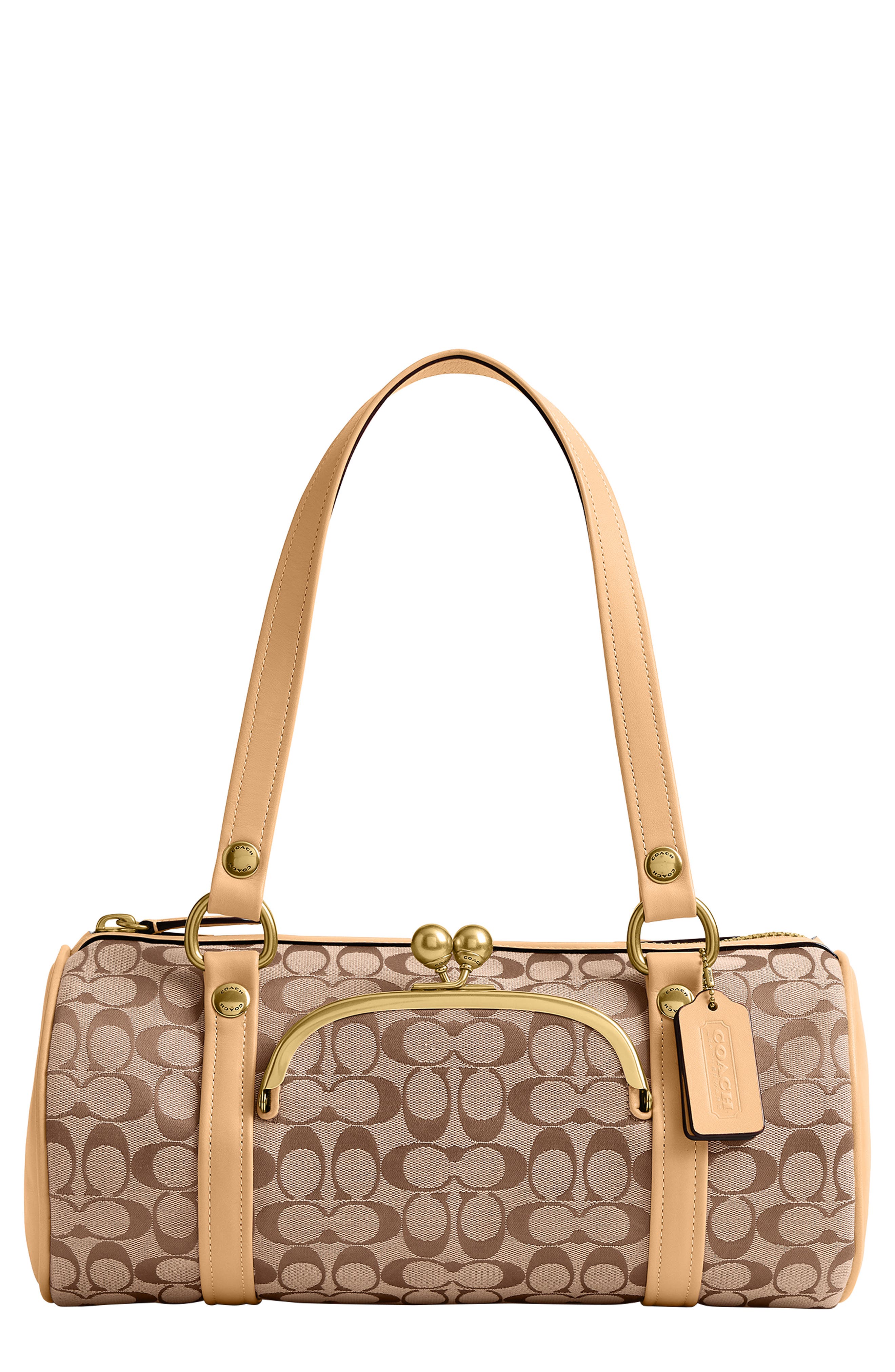 The Originals Signature Jacquard Kisslock Barrel Bag, Main, color, KHAKI LIGHT PEACH