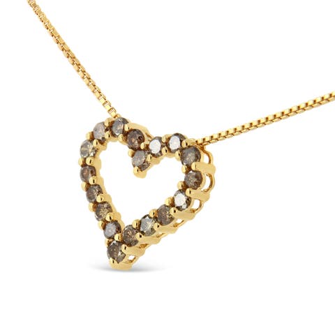 14K Yellow Gold Plated Silver 1.0 Cttw Champagne Diamond Heart Pendant Necklace