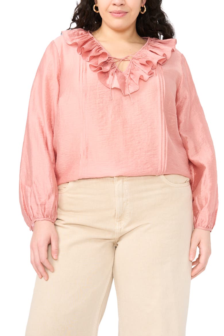 Ruffle Neck Pintuck Crinkle Satin Top, Main, color, CORAL DUSK