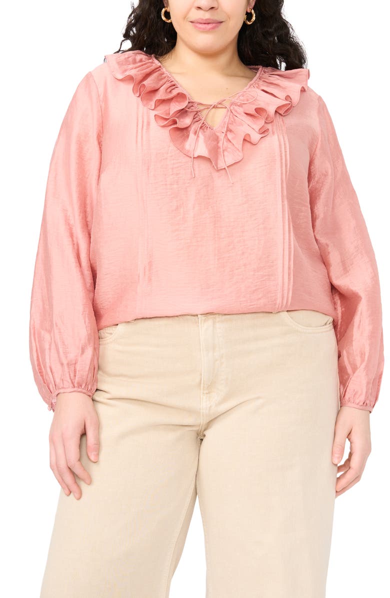 Vince Camuto Ruffle Neck Pintuck Crinkle Satin Top, Main, color, Coral Dusk