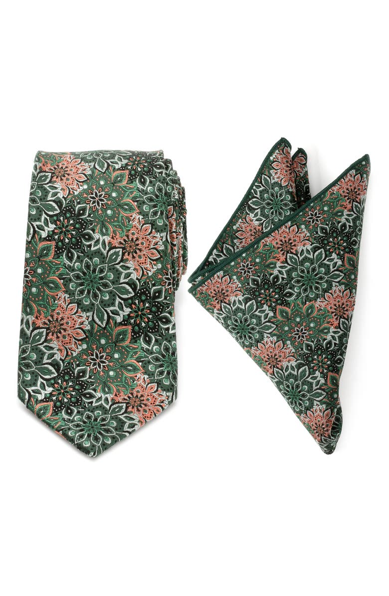 Cufflinks, Inc. Green Floral Silk Tie & Pocket Square, Main, color, Green