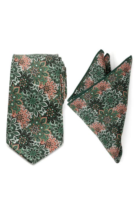 Green Floral Silk Tie & Pocket Square