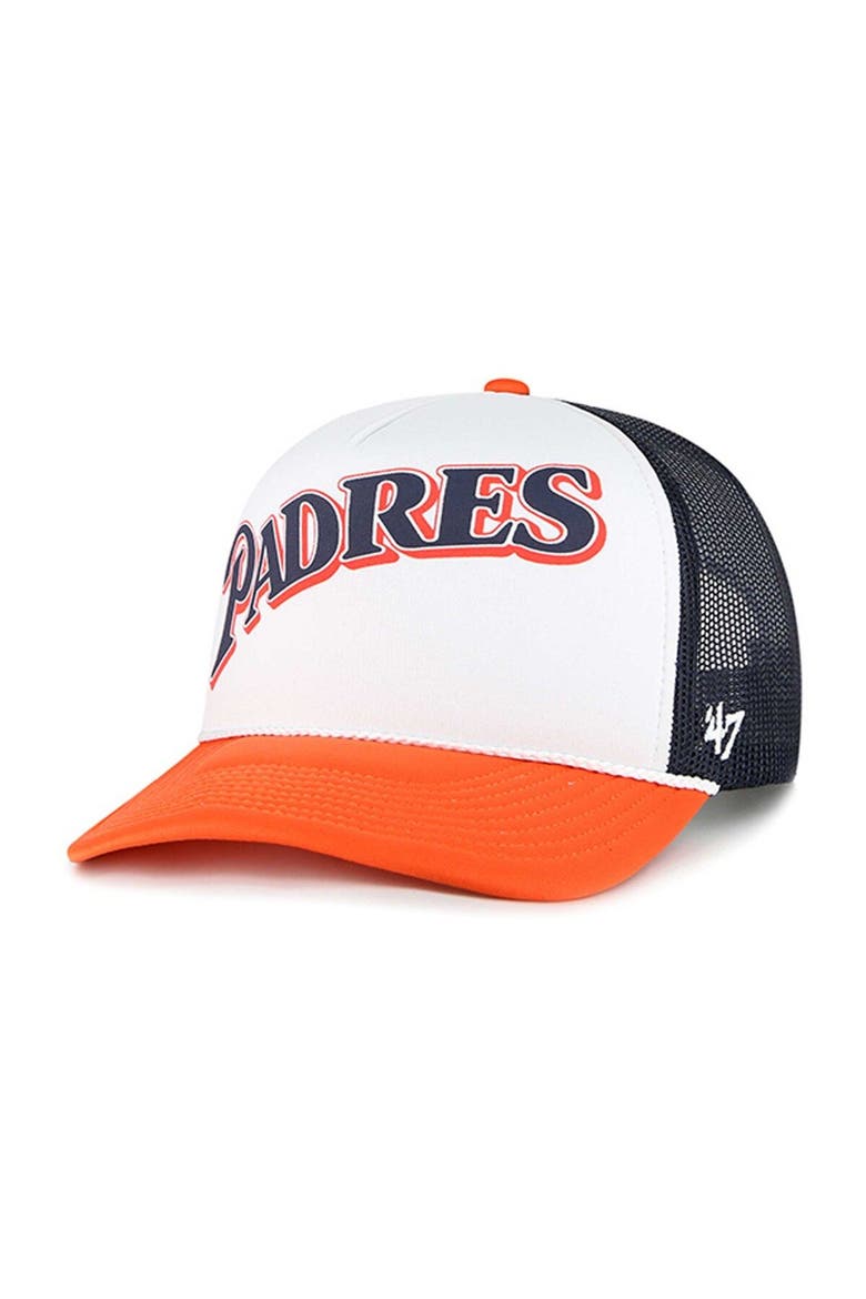 Men's '47 White San Diego Padres Foam Front Script Trucker Snapback Hat, Main, color, White