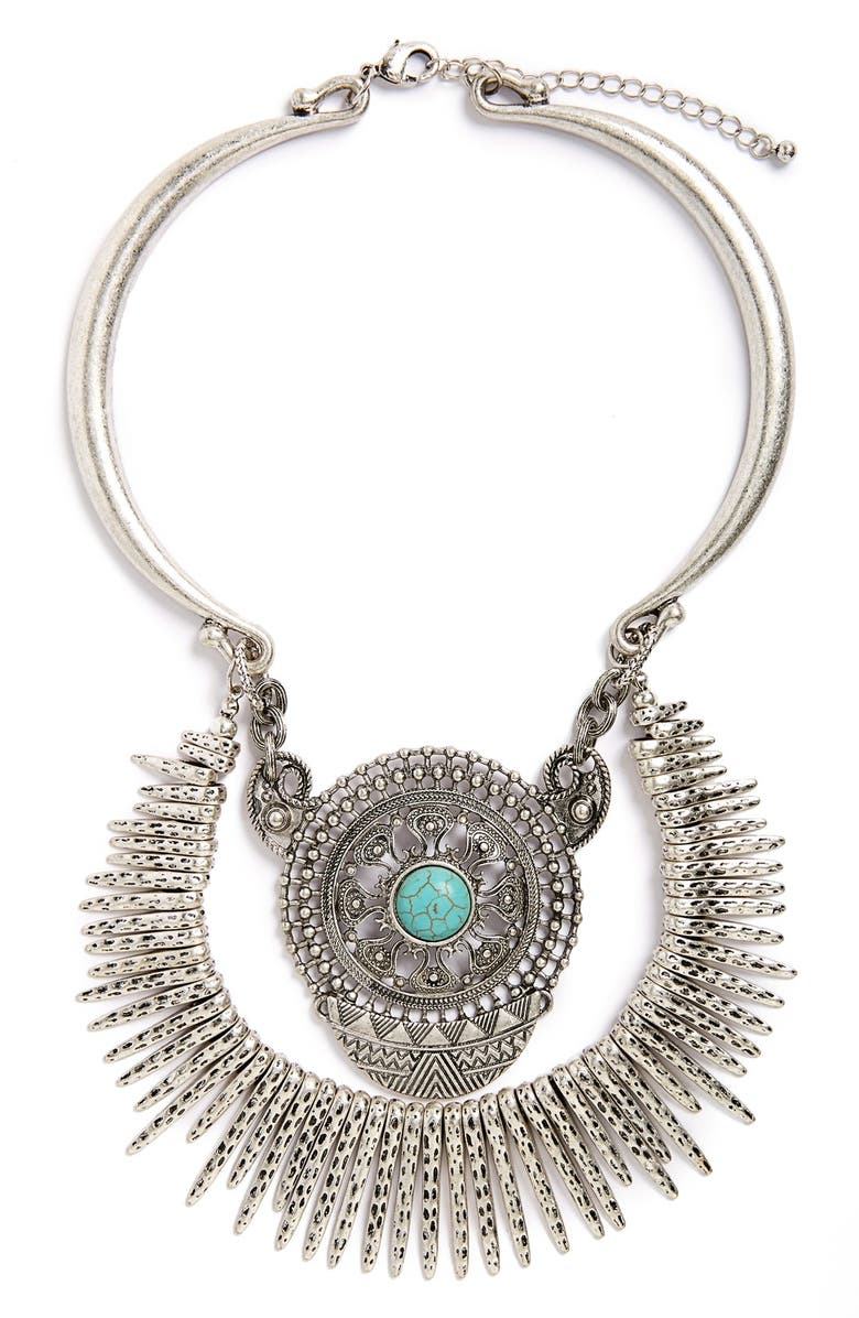 Sole Society Turquoise Stone Statement Necklace, Main, color, 
