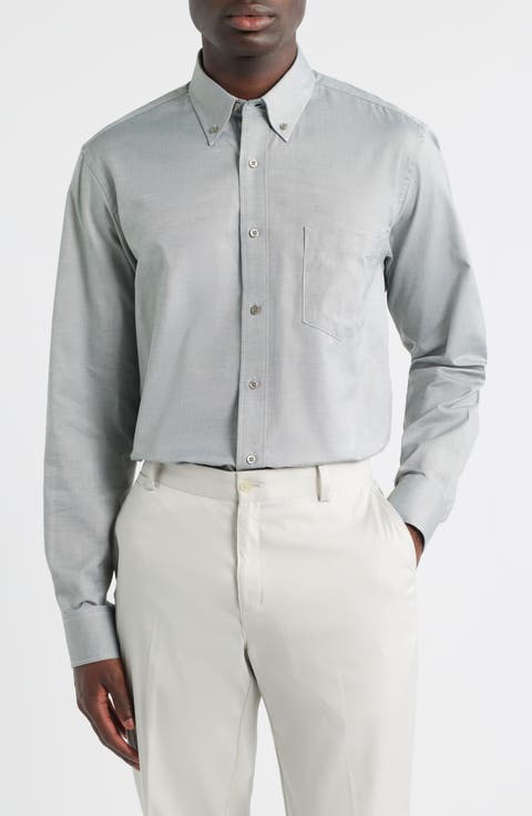 Eagle Regular Fit Light Grey Cotton Button-Down Oxford Shirt (Regular, Big & Tall)