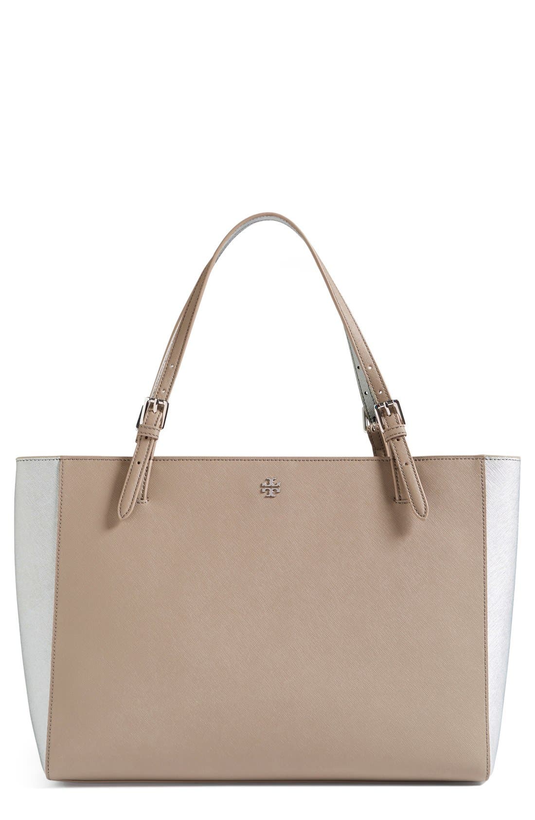 'York' Colorblock Buckle Tote, Main, color, FRENCH GREY/ SILVER