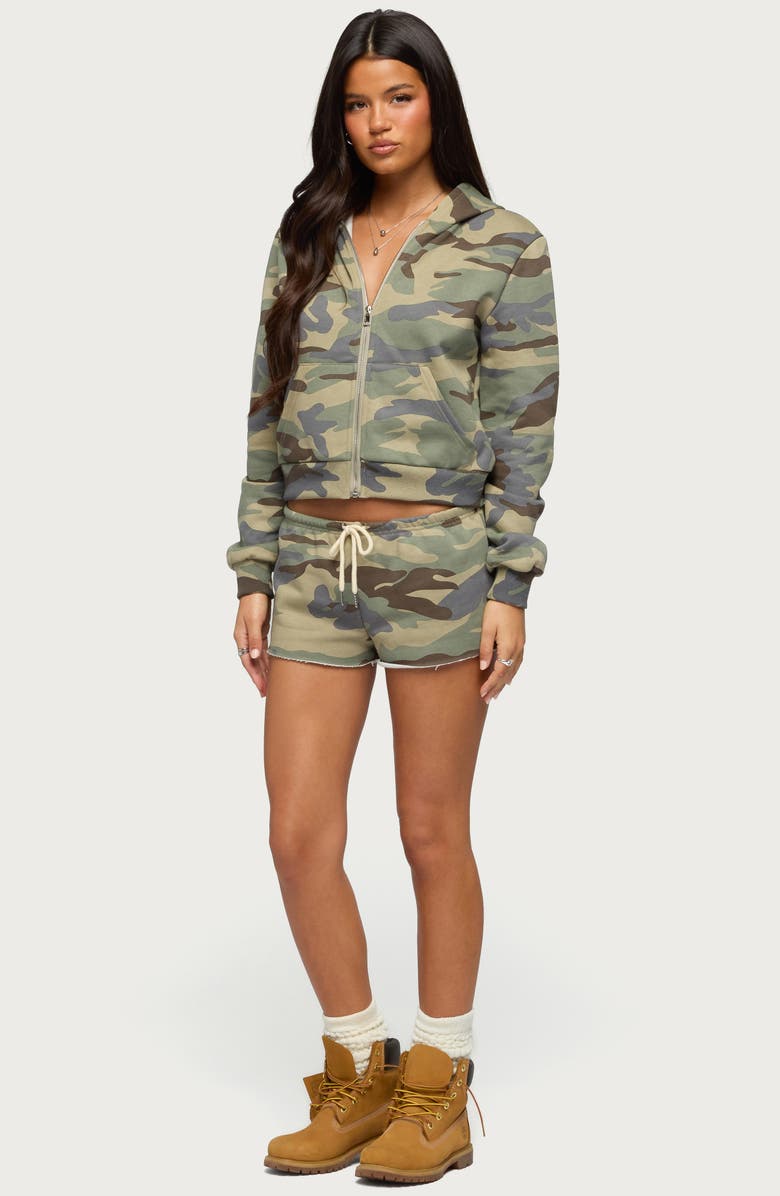 EDIKTED Camo Girl Front Zip Crop Hoodie, Alternate, color, 