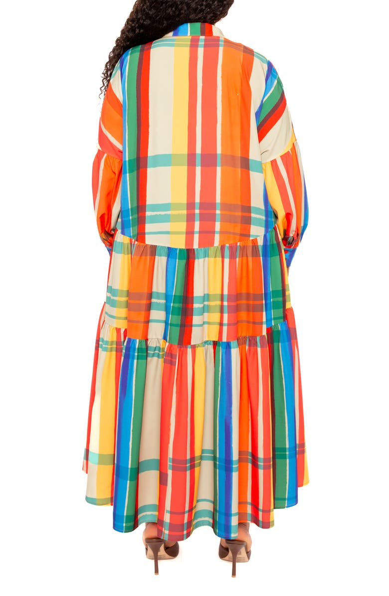 BUXOM COUTURE Plaid Long Sleeve Tiered Shirtdress, Alternate, color, Rust Multi