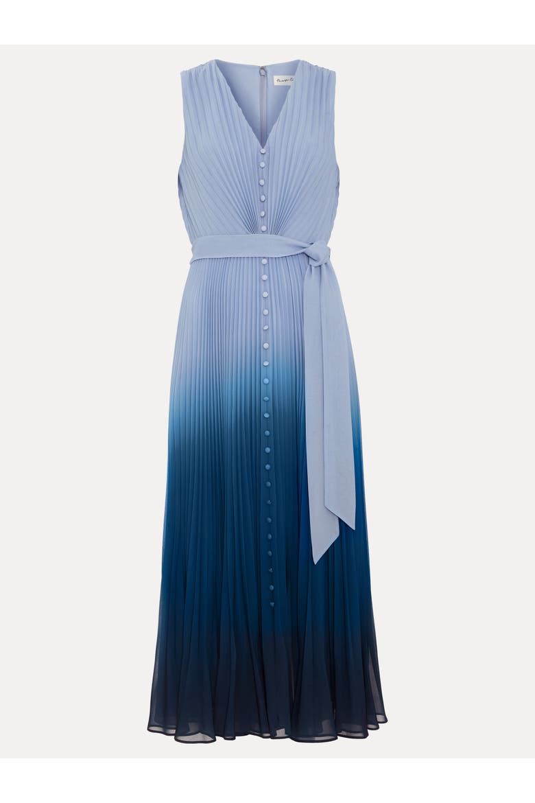 Mira Pleated V-Neck Midi Dress, Alternate, color, Blue