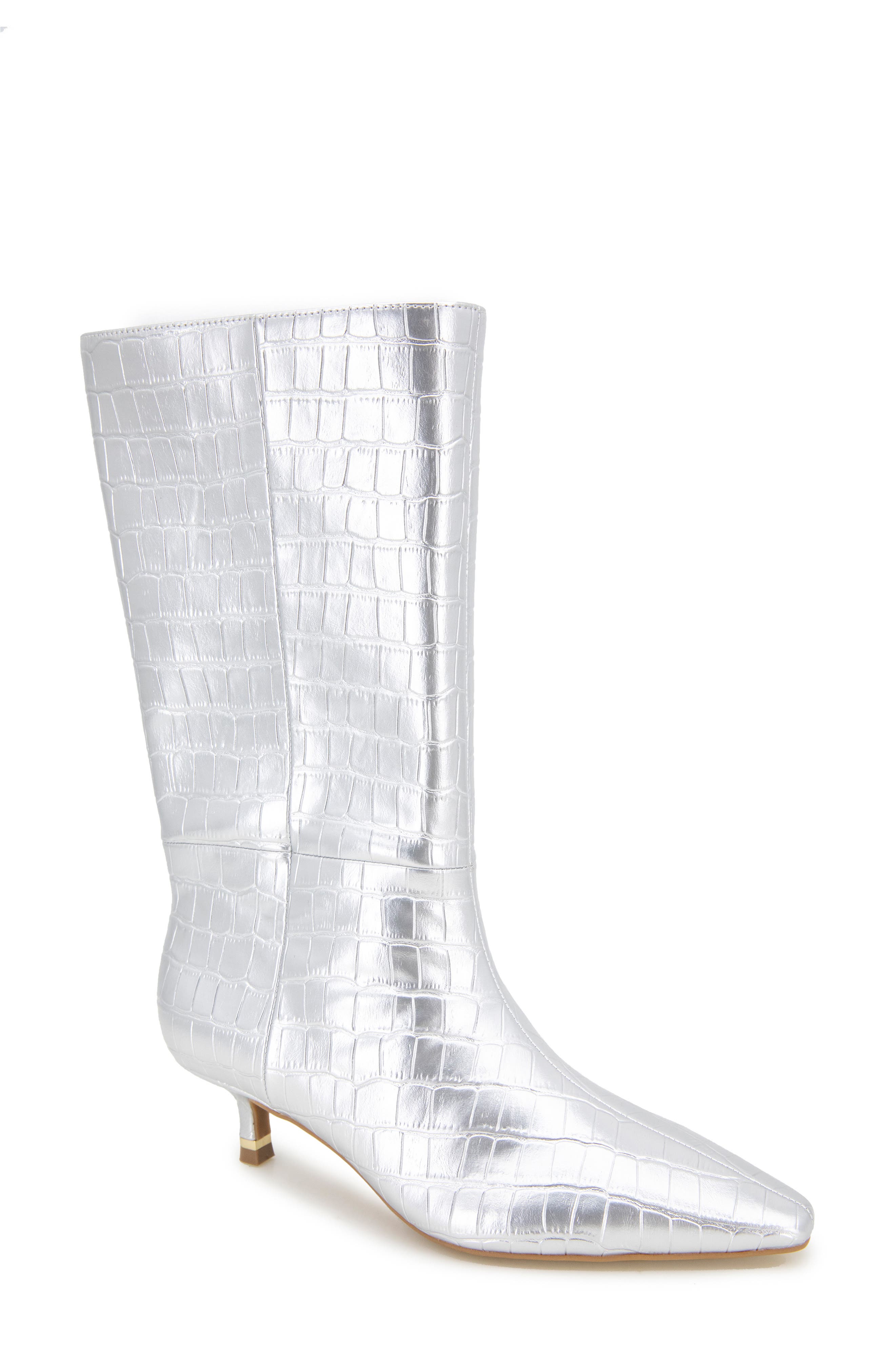 Kenneth Cole Meryl Pointed Toe Kitten Heel Boot, Main, color, Silver Croco