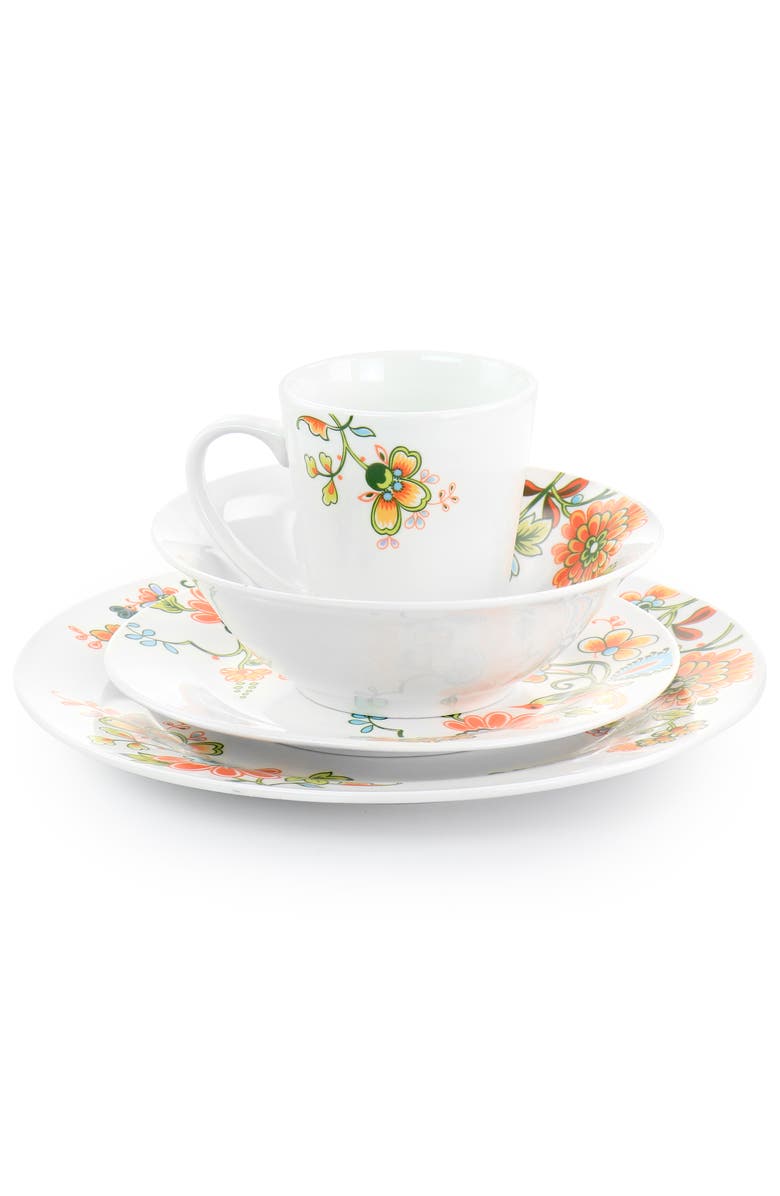 Elama Spring Bloom 16 Piece Round Porcelain Dinnerware Set, Alternate, color, White