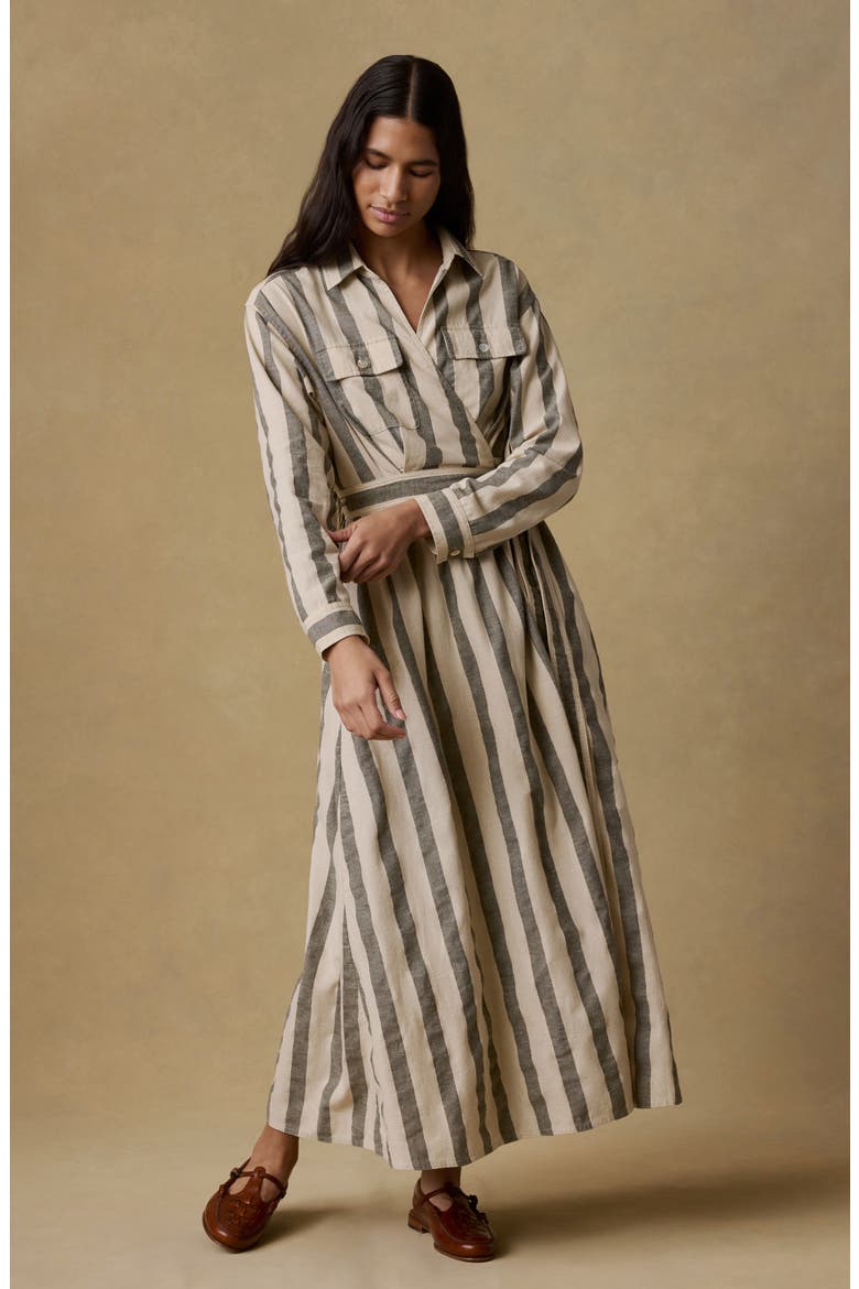 Julia Stripe Long Sleeve Organic Cotton & Linen Blend Wrap Shirtdress, Alternate, color, PINE BAY STRIPE