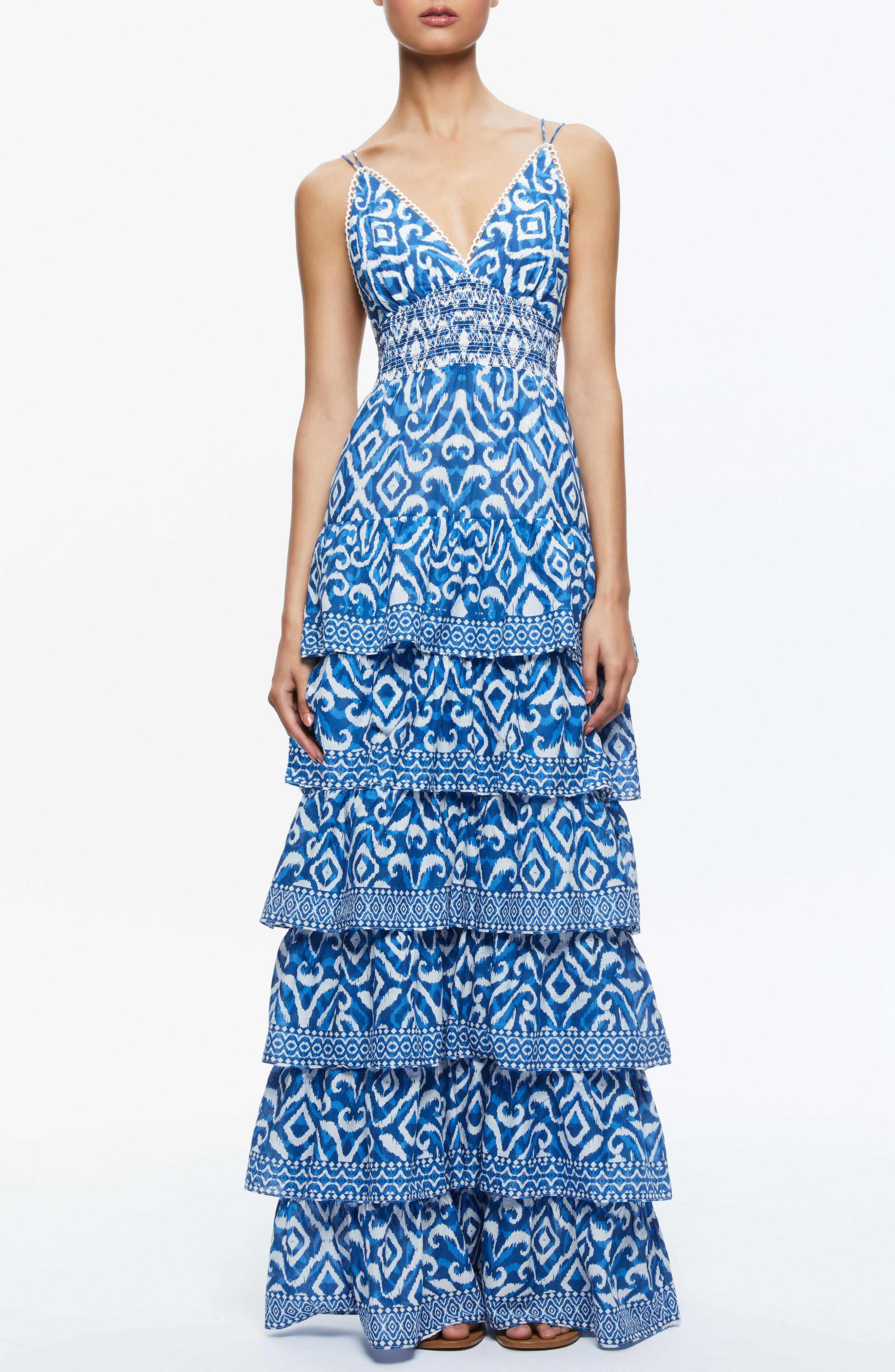 Alice + Olivia Imogene Ikat Print Tiered Open Back Maxi Dress