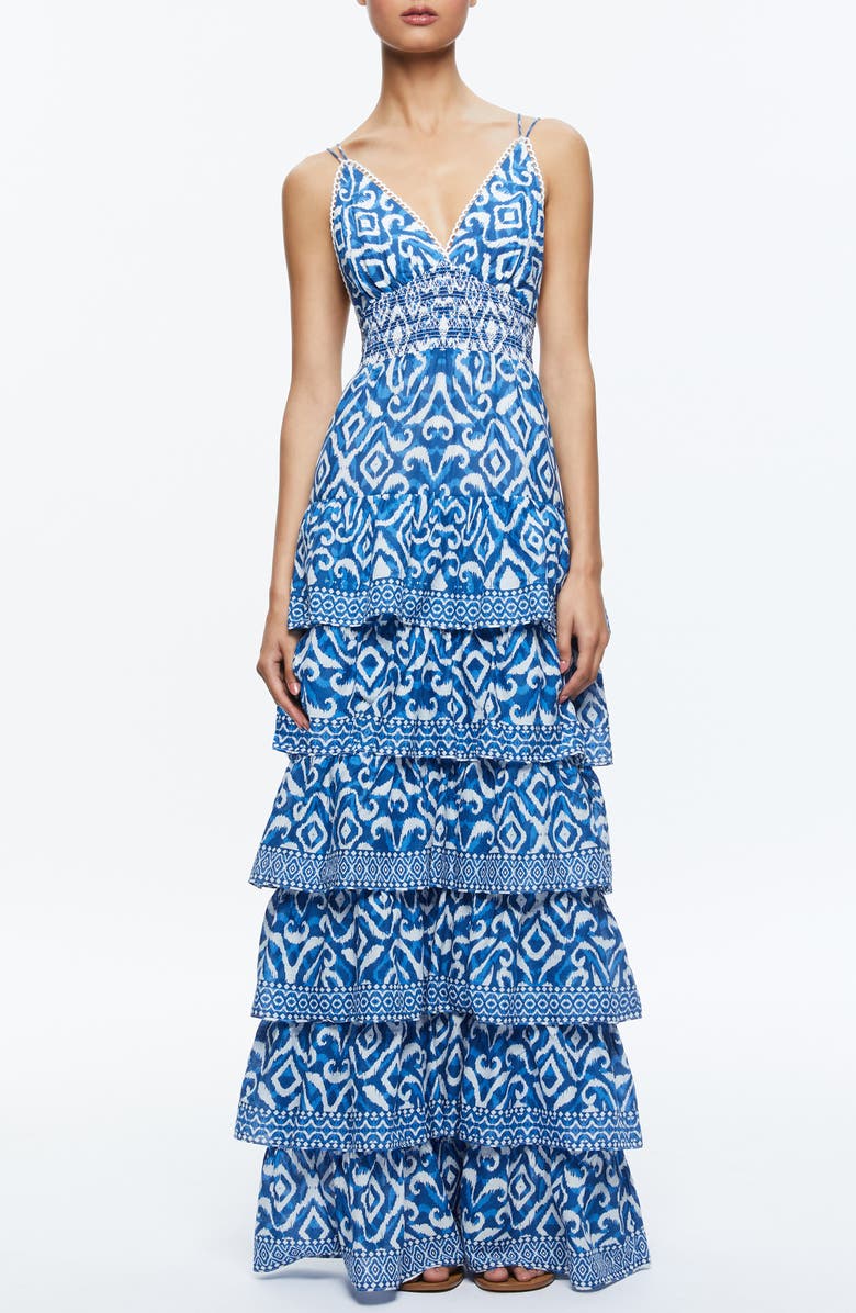 Alice + Olivia Imogene Ikat Print Tiered Open Back Maxi Dress, Main, color, Artisan Ikat French Blue