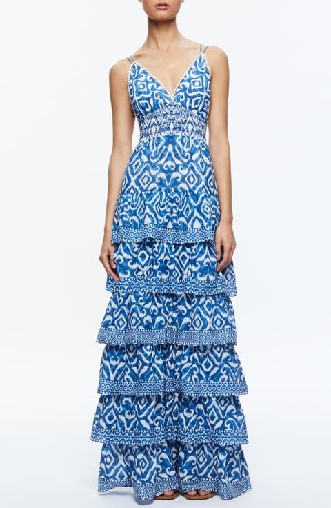 Imogene Ikat Print Tiered Open Back Maxi Dress
