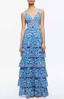 Alice + Olivia Imogene Ikat Print Tiered Open Back Maxi Dress