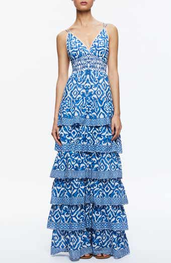 Alice + Olivia Imogene Ikat Print Tiered Open Back Maxi Dress