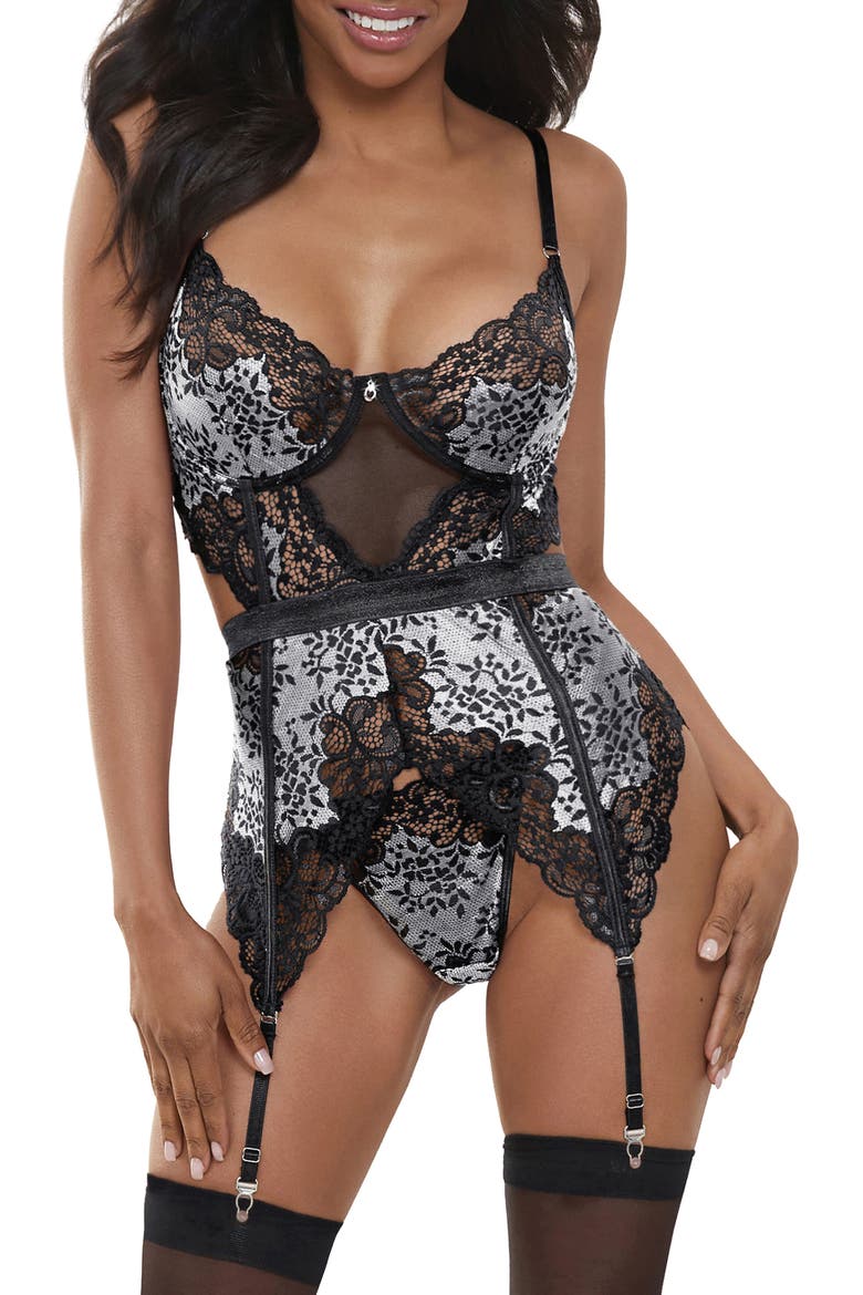 Lace Basque & Thong Set, Main, color, BLACK