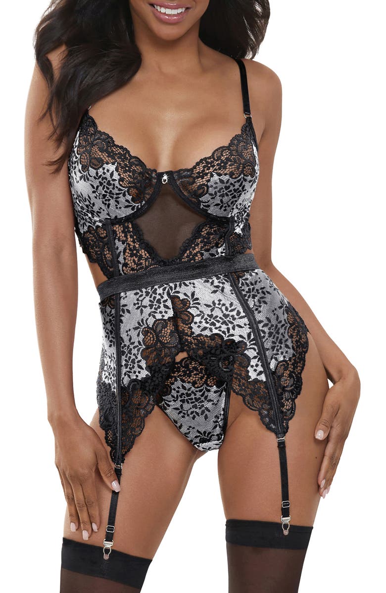 Seven ‘til Midnight Lace Basque & Thong Set, Main, color, Black