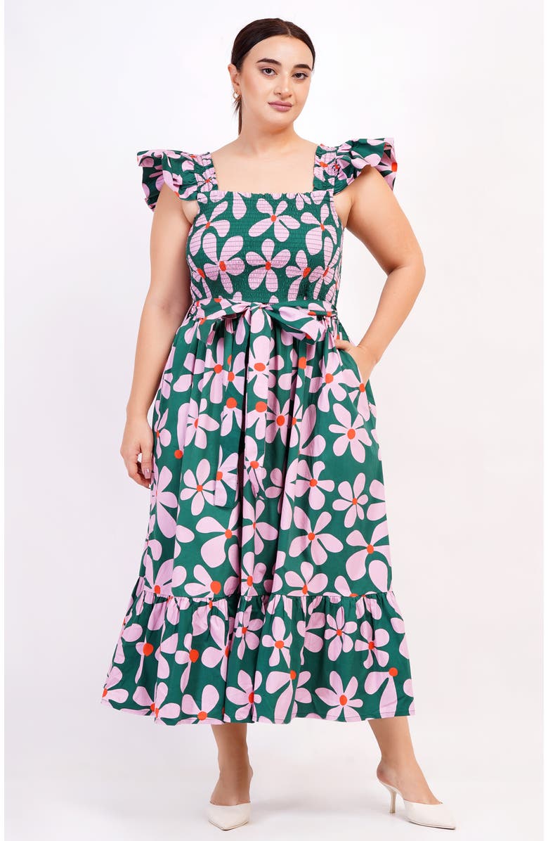 Leota Ivanna A-Line Smocked Midi Dress, Alternate, color, Dancing Daisies Evergreen