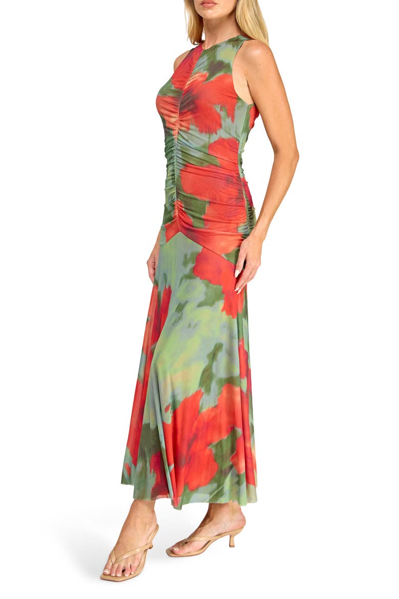 Ruched Mesh Midi Dress, Alternate, color, GREEN/ ORANGE