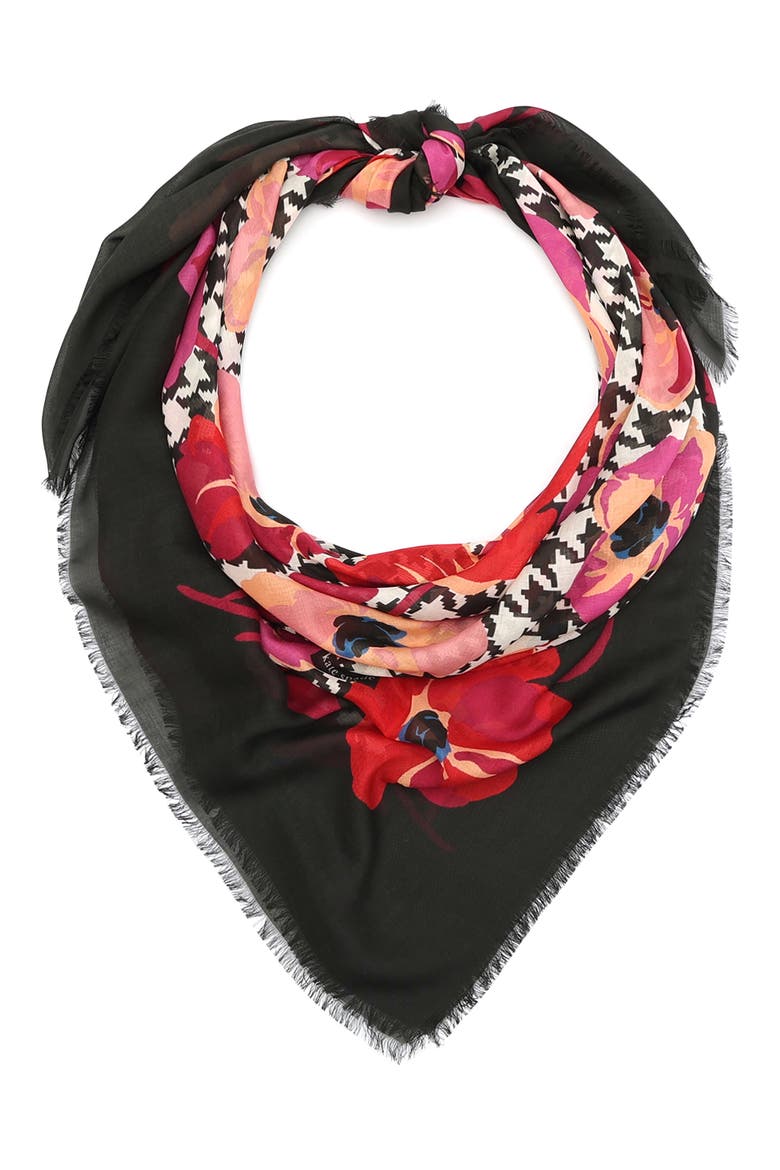 houndstooth poppies modal square scarf, Main, color, BLACK/ CREAM