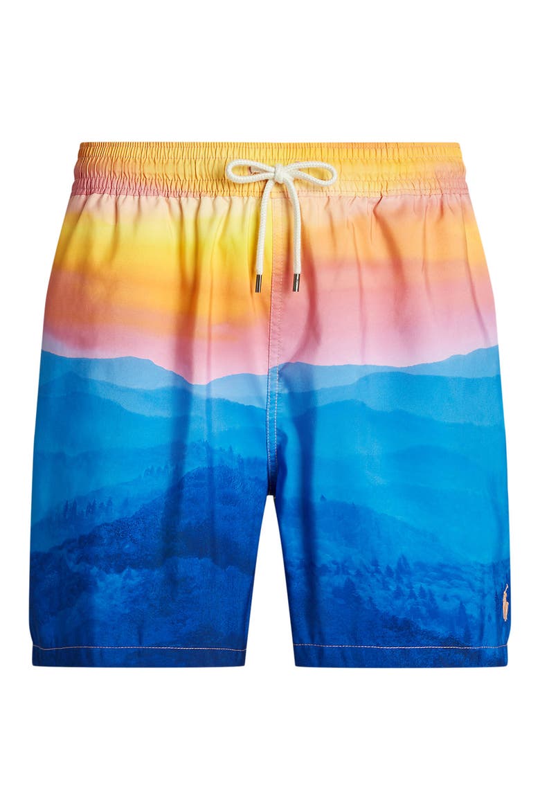 Traveler Sunset Print Swim Trunks, Alternate, color, RIDGECREST PHOTO PRINT