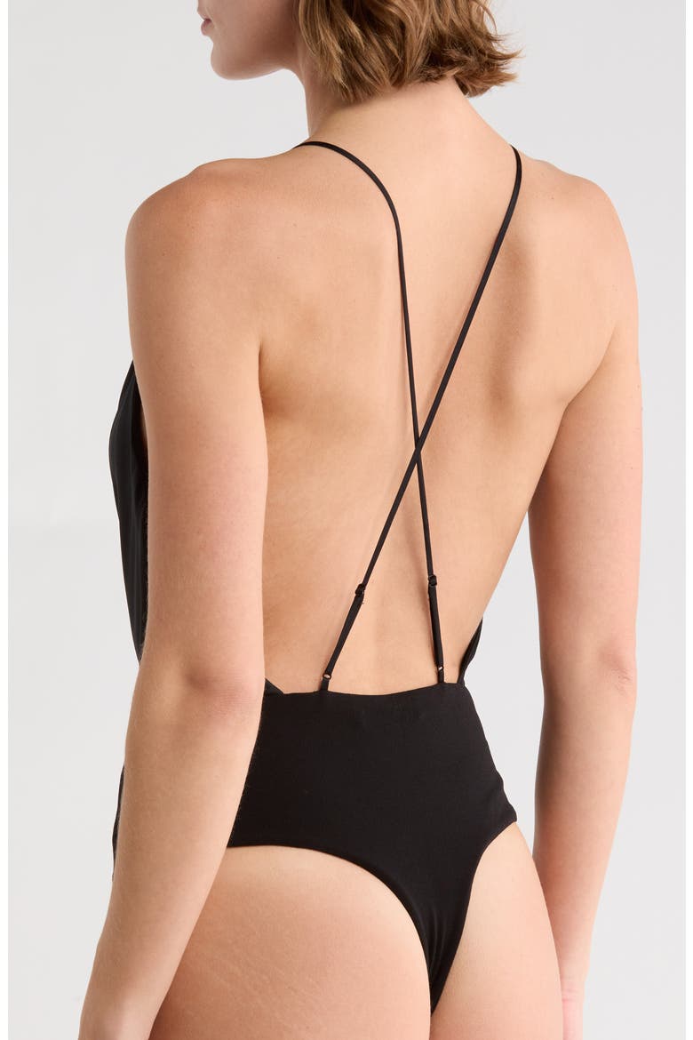Callie Draped Silk Blend Bodysuit, Alternate, color, BLACK