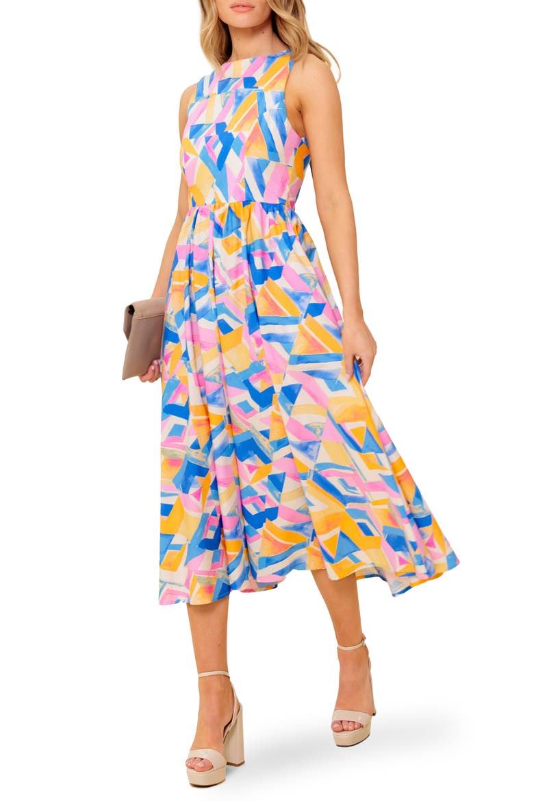 Geometric Print Cotton Midi Sundress, Main, color, POWDER BLUE/ PINK