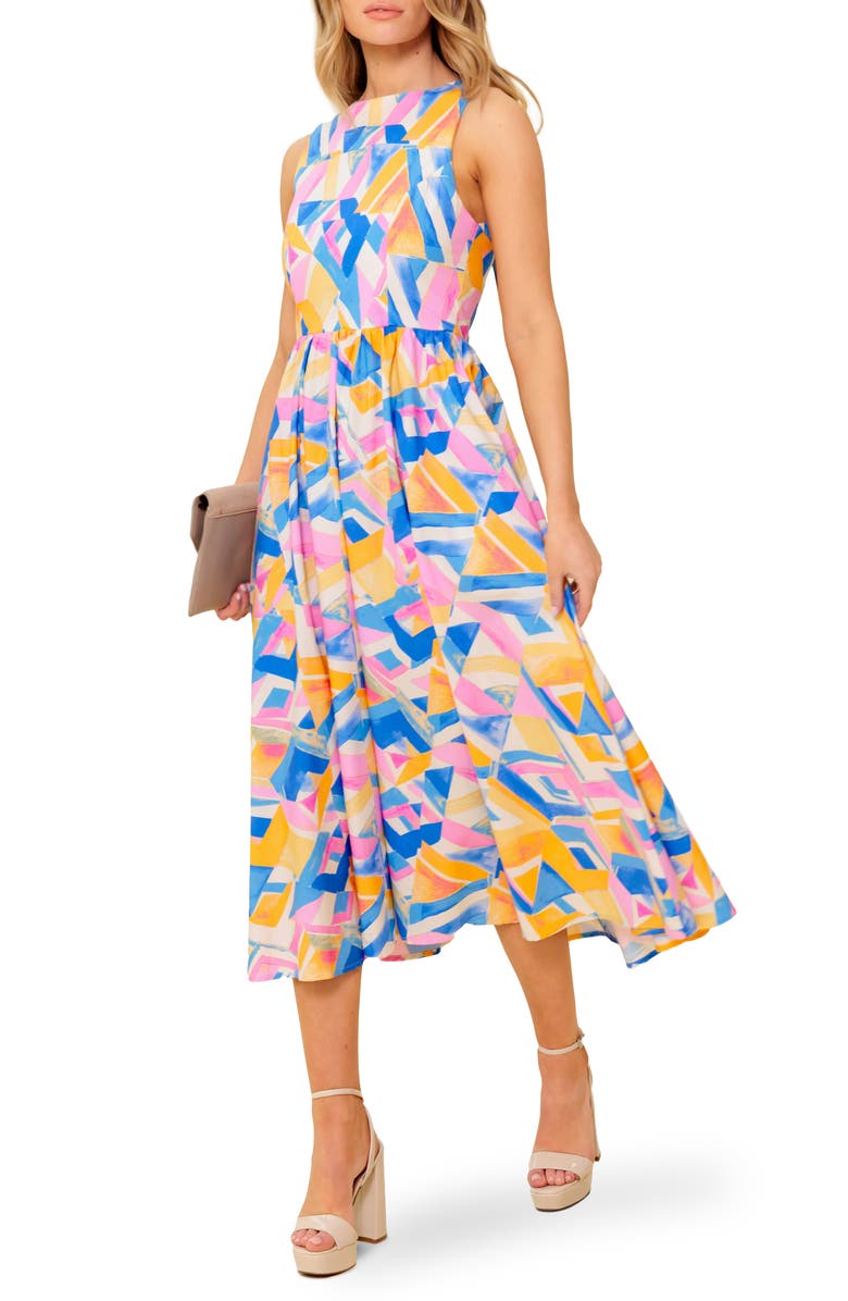 FLYING TOMATO Geometric Print Cotton Midi Sundress, Main, color, Powder Blue/ Pink