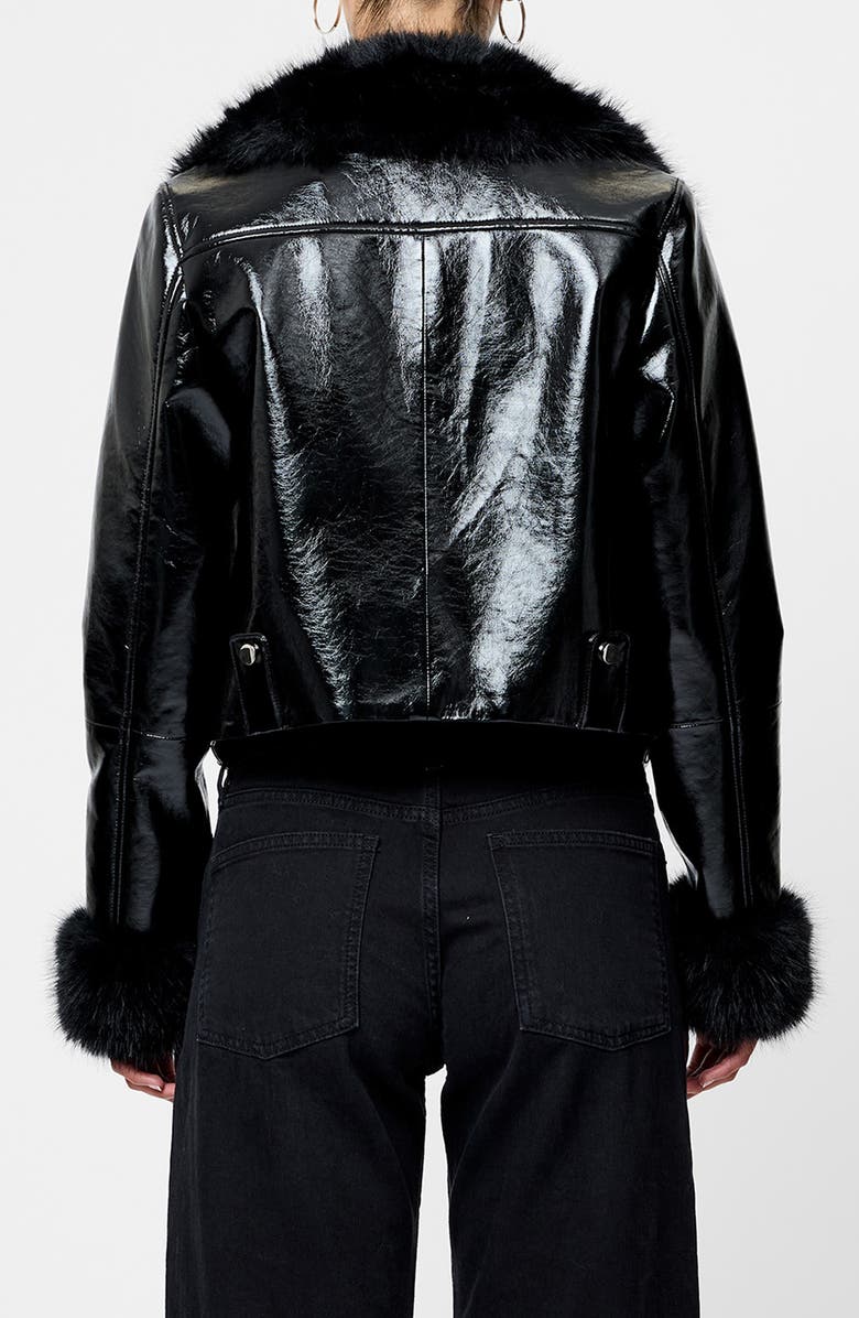 French Connection Camryn Faux Fur Detail Crinkled Moto Jacket, Alternate, color, Black