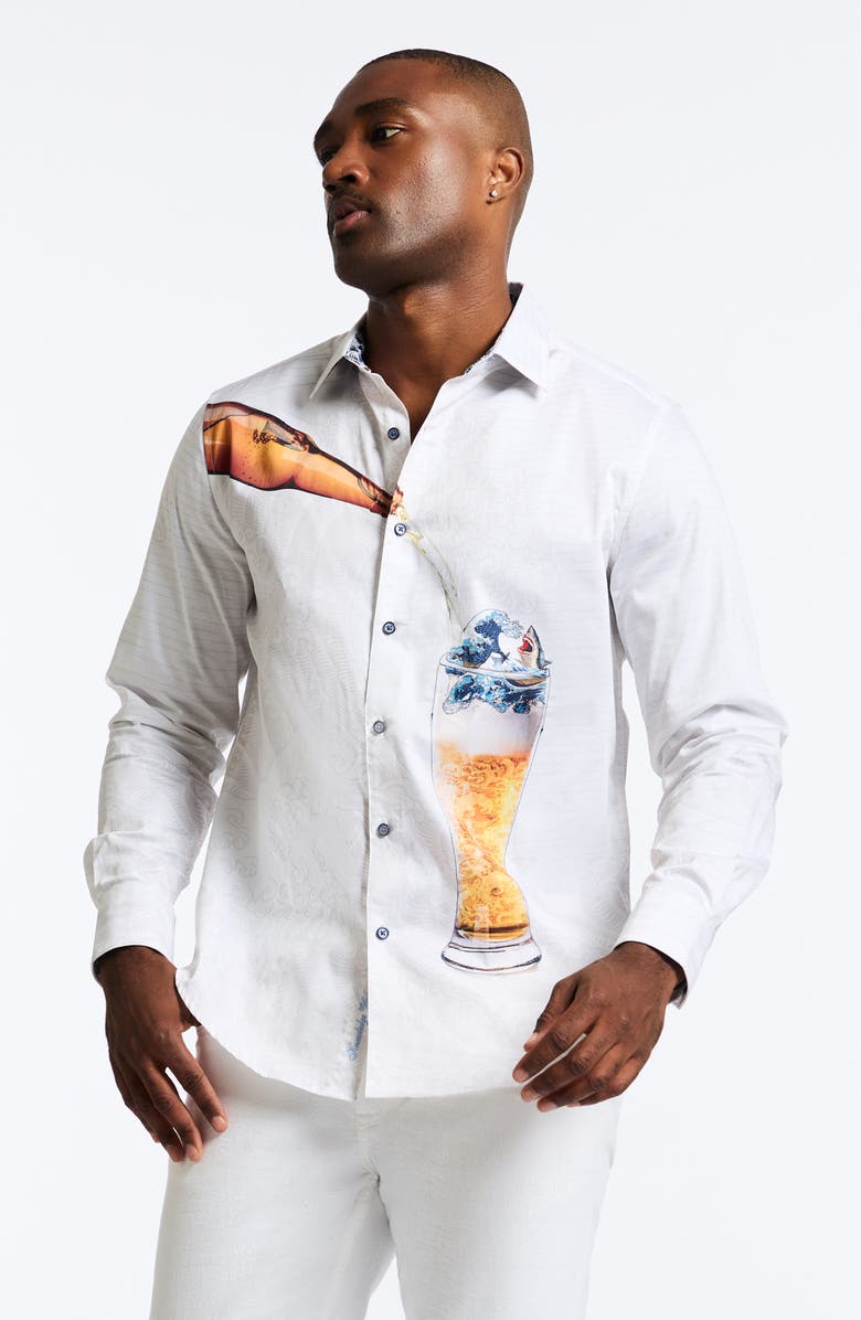 Robert Graham Shark Brew Cotton Graphic Button-Up Shirt, Alternate, color, White