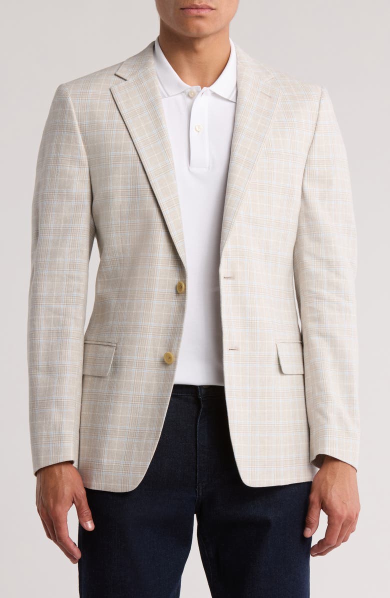 Original Penguin Check Print Notch Lapel Stretch Blazer, Main, color, Tan/ Blue
