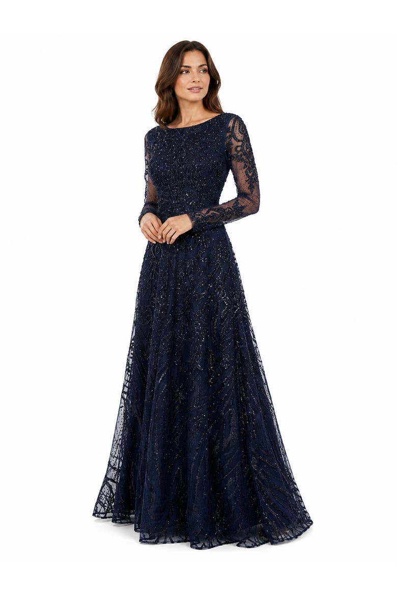 Long Sleeve High Neck Gown, Alternate, color, Navy