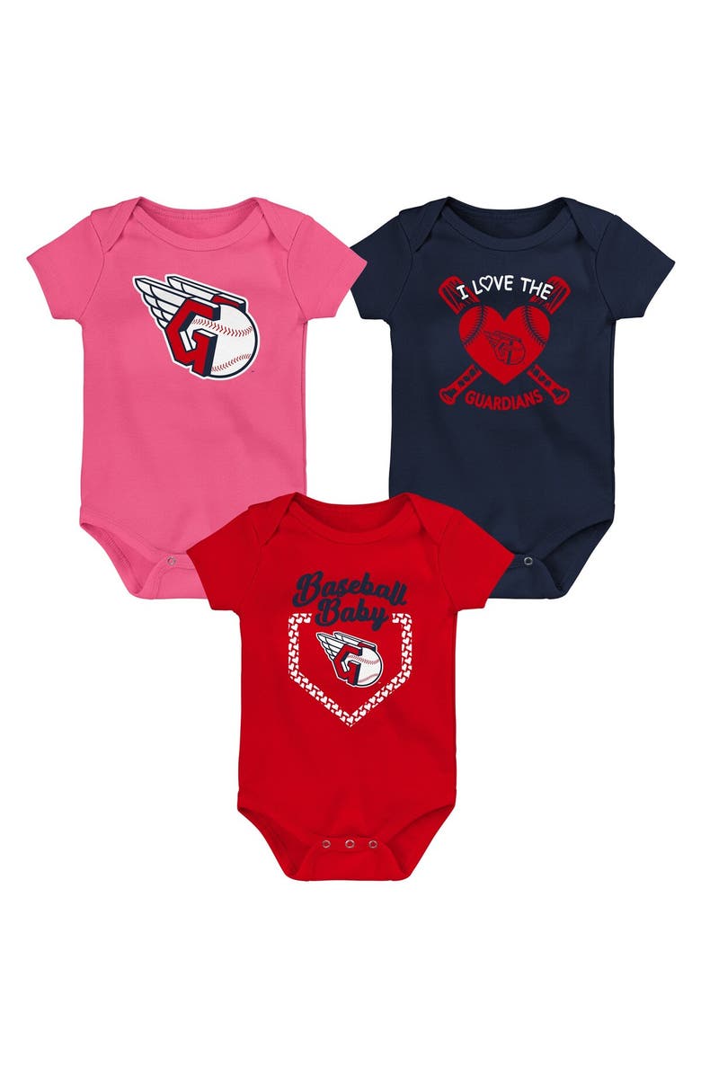 Outerstuff Infant Navy/Red/Pink Cleveland Guardians Baseball Baby 3-Pack Bodysuit Set, Alternate, color, Navy