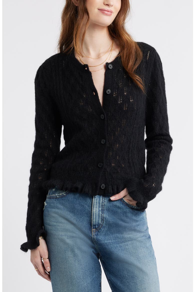 Pointelle Ruffle Edge Cardigan, Main, color, BLACK