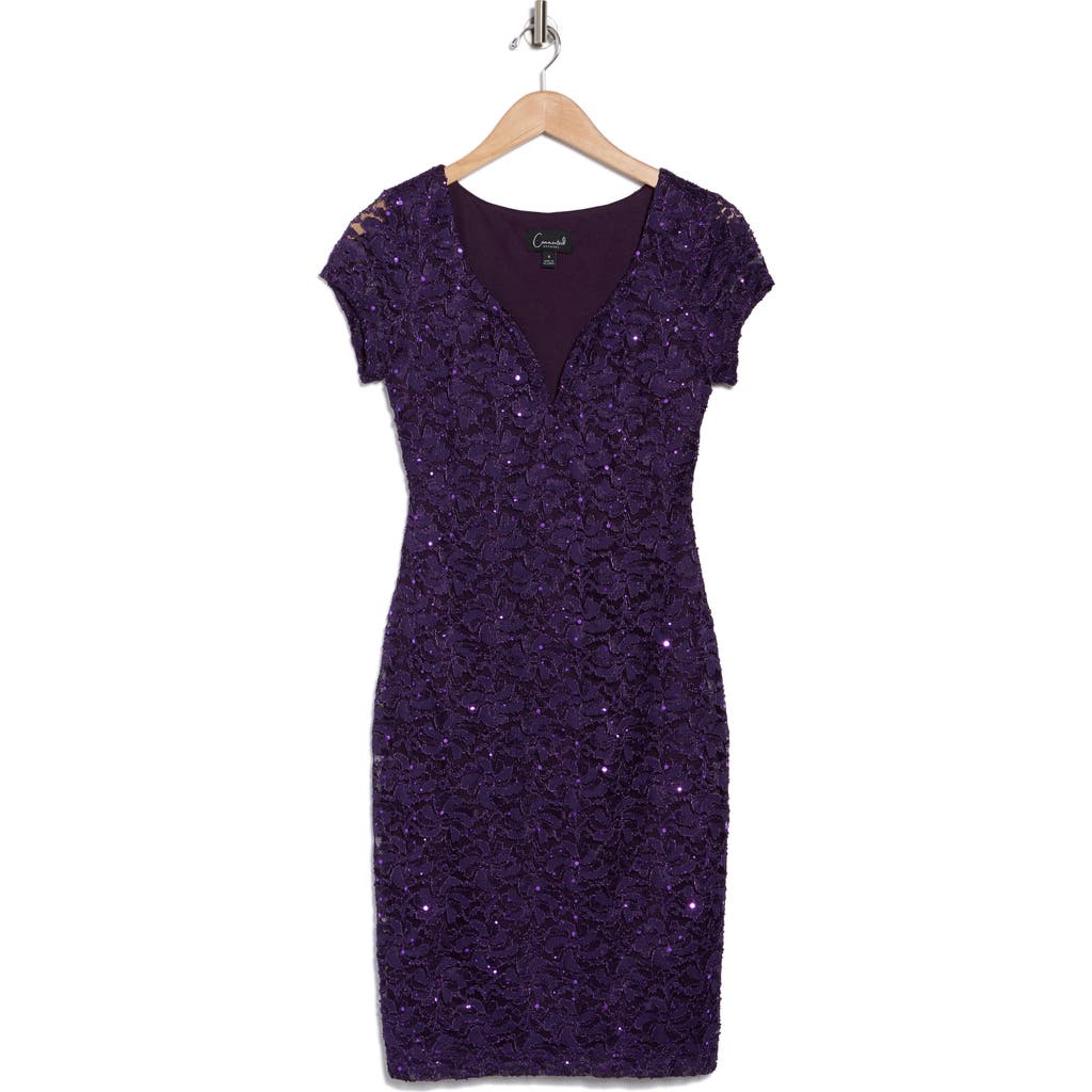 Connected Apparel Sweetheart Neck Sequin Lace Cocktail Dress In Eggplant