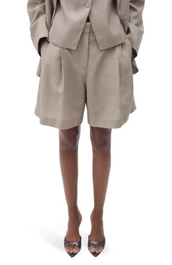 Mango Vivian Pleated Stripe Bermuda Shorts In Brown
