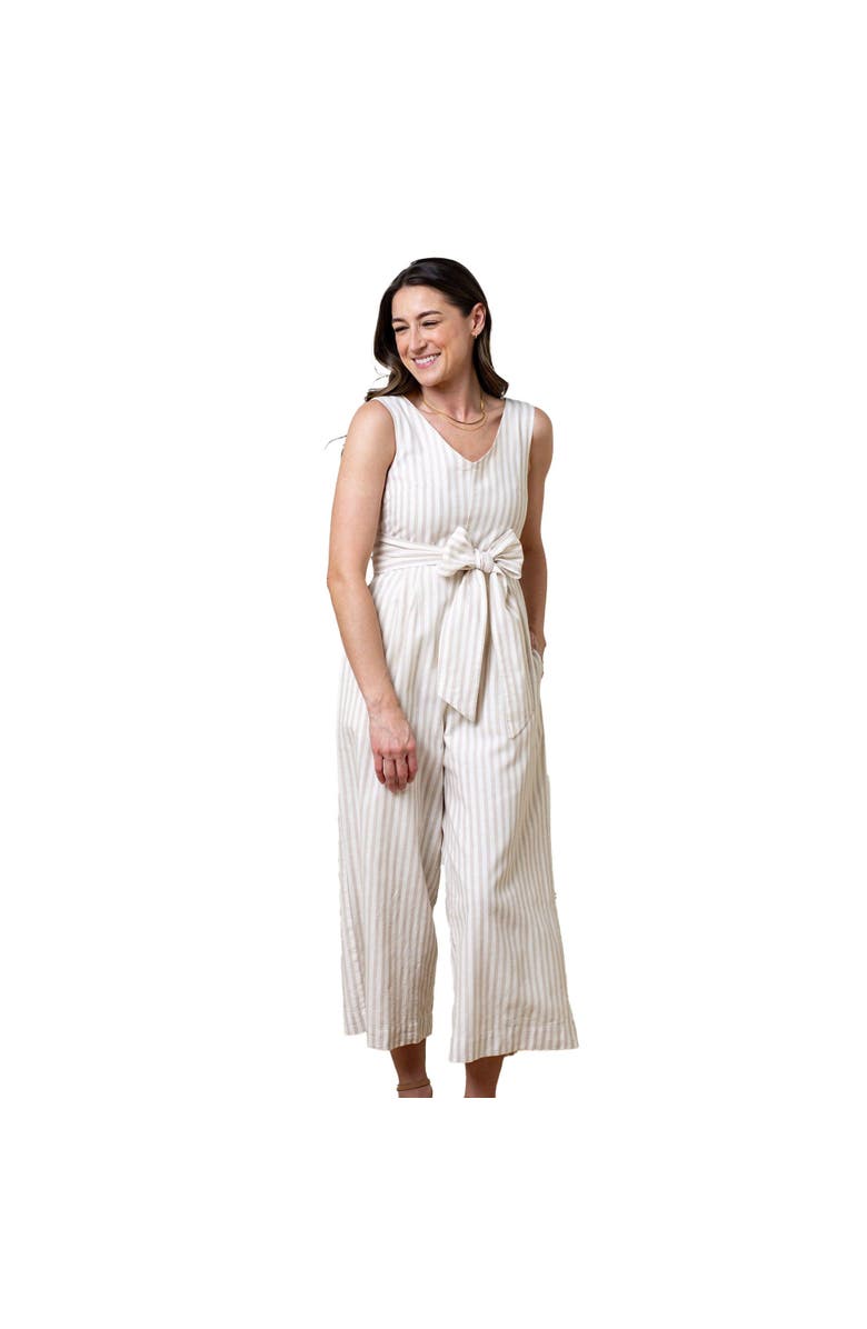 Hope & Henry Womens' Tie-Waist Wide Leg Jumpsuit, Main, color, Light Taupe Stripe