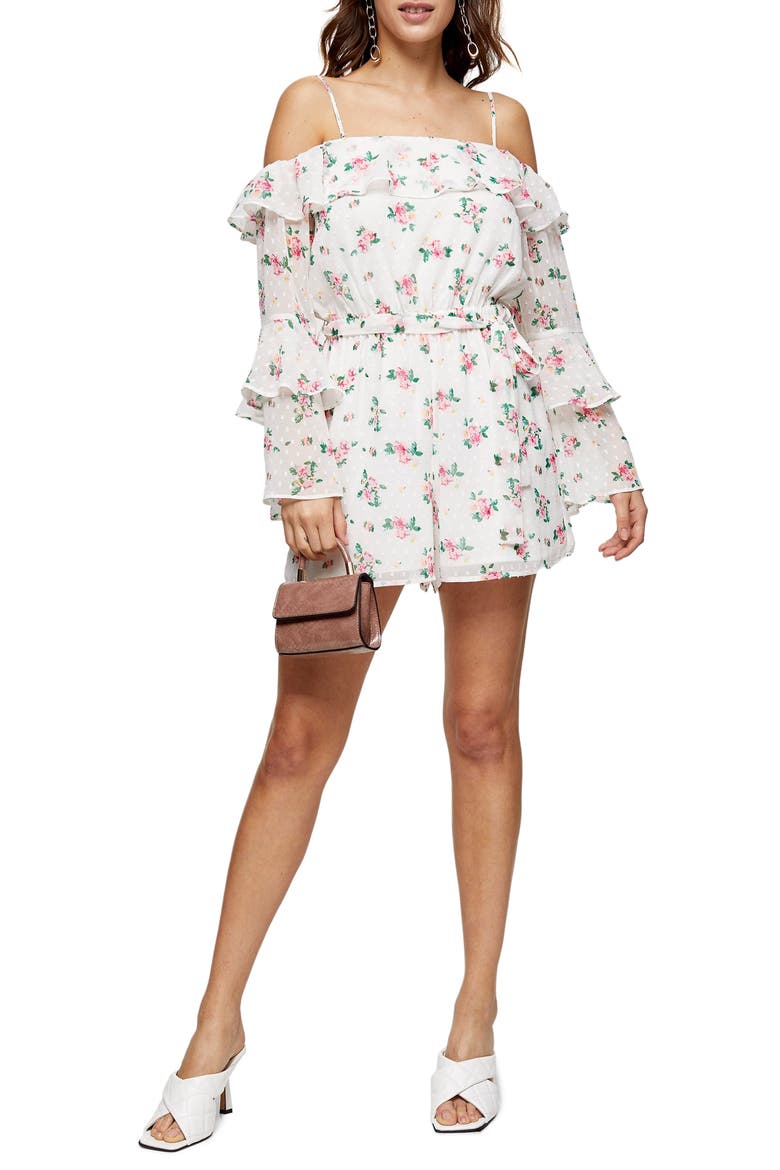 Floral Cold Shoulder Long Sleeve Romper, Main, color, WHITE
