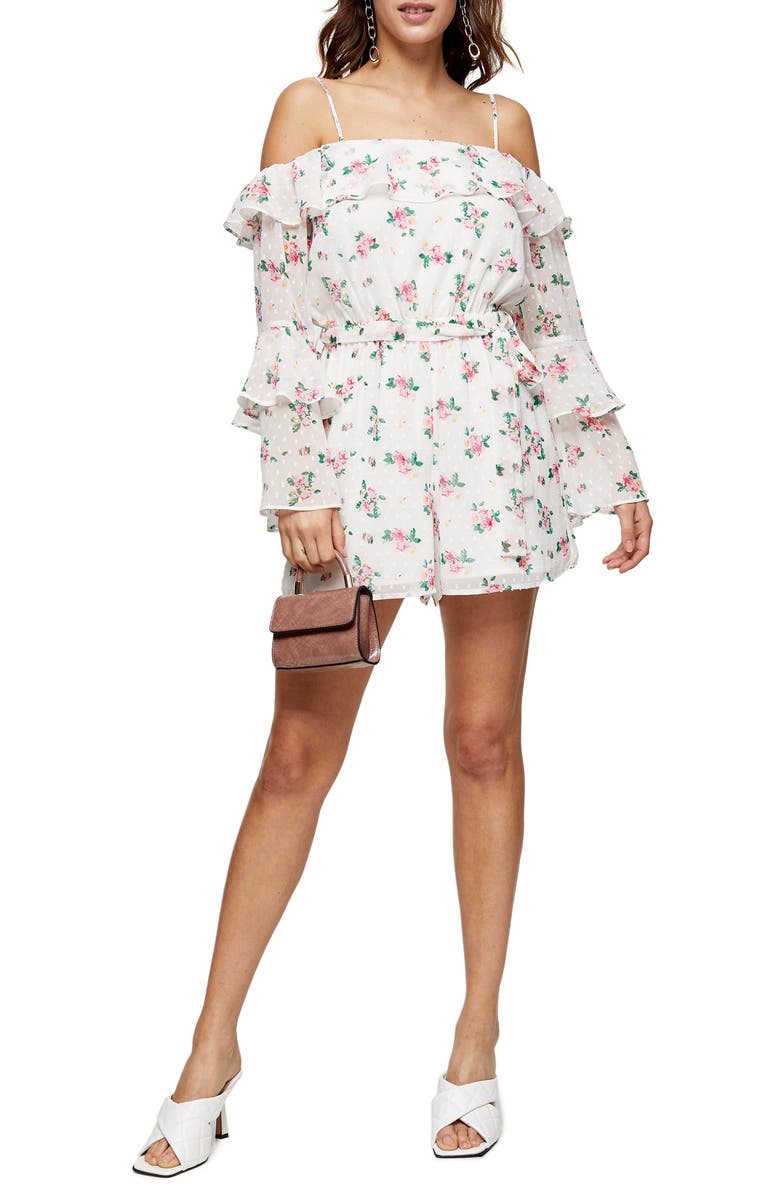 Topshop Floral Cold Shoulder Long Sleeve Romper, Main, color, 