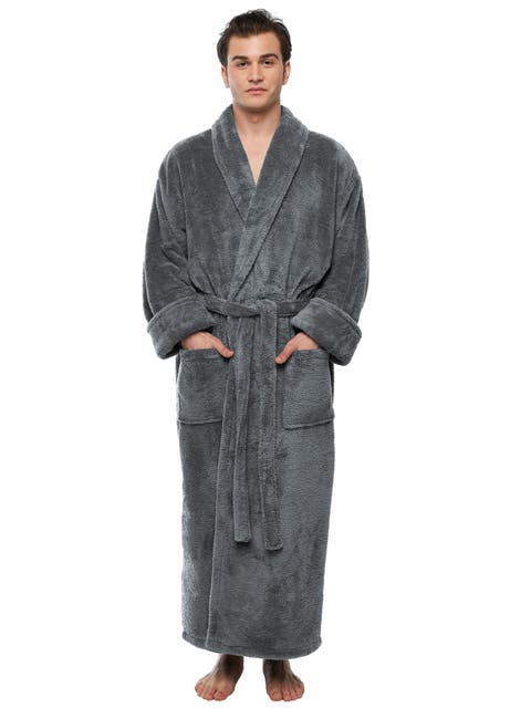Mens Shawl Collar Long Fleece Bathrobe