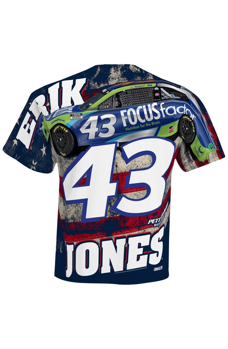 CHECKERED FLAG Men's Checkered Flag White Erik Jones FOCUS factor Sublimated Patriotic Total Print T-Shirt, Alternate, color, White