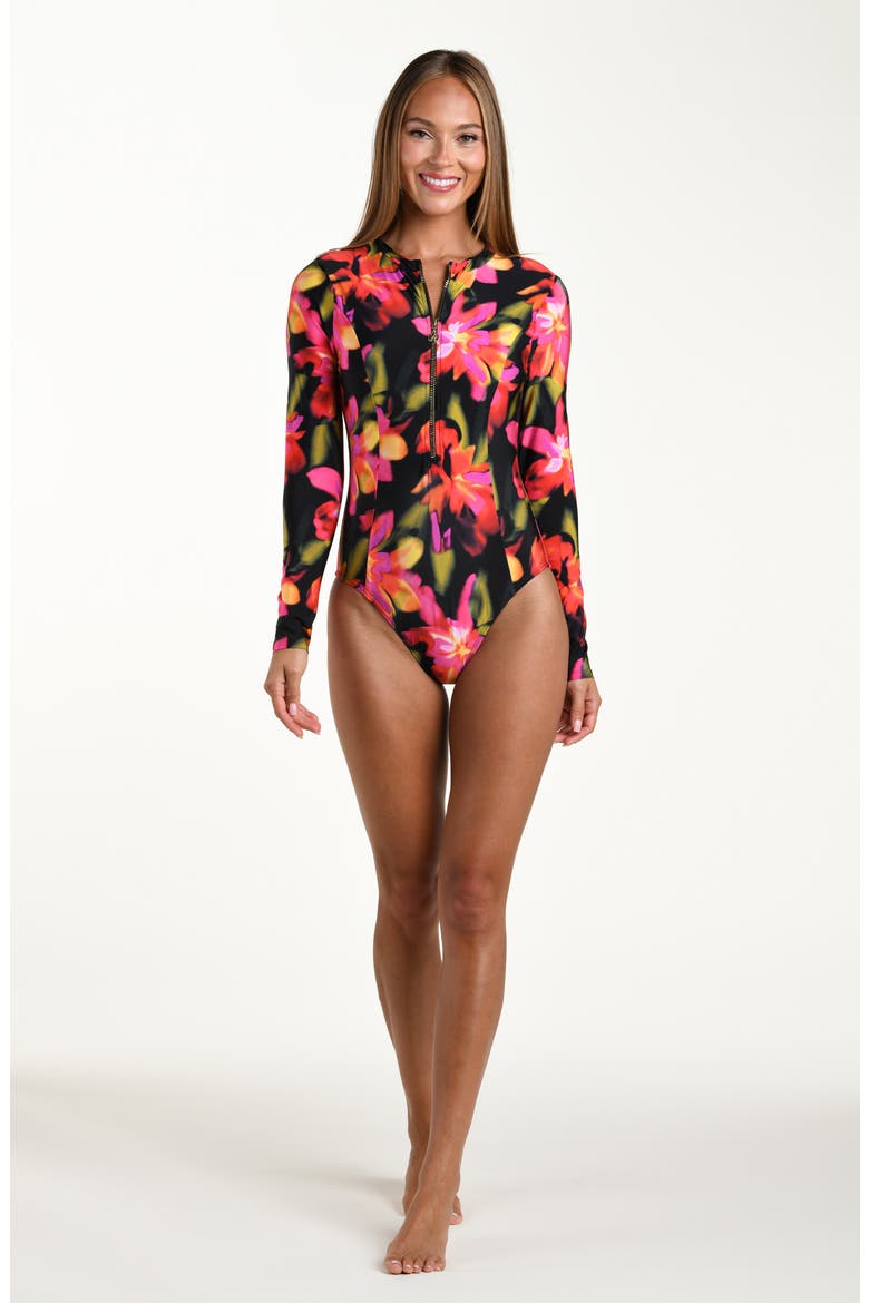 Floressence Long Sleeve One-Piece Rashguard Swimsuit, Alternate, color, BLACK MULTI